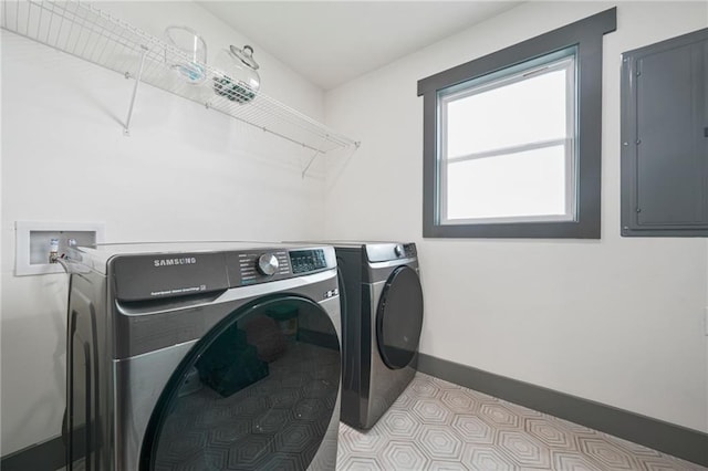 2357 Lynn Iris Dr, Decatur, GA 30032 - laundry area featuring electric panel, tile patterned floors, separate washer and dryer, laundry area, and baseboards