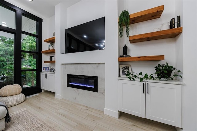 living room with light wood-style flooring and a fireplace