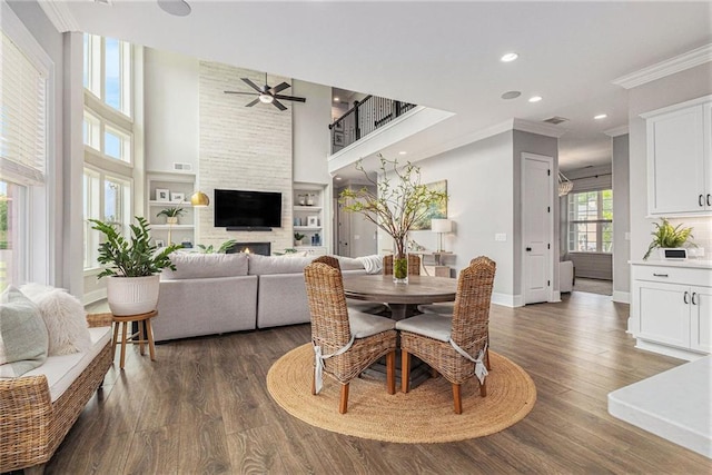 1865 Henley Way, Alpharetta, GA 30009 - dining area featuring ceiling fan, crown molding, dark wood-style flooring, recessed lighting, and baseboards