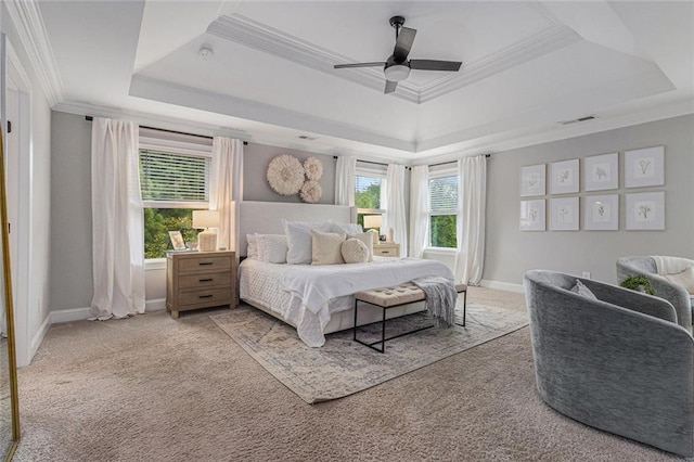 1865 Henley Way, Alpharetta, GA 30009 - bedroom with a raised ceiling, crown molding, carpet flooring, a ceiling fan, and baseboards