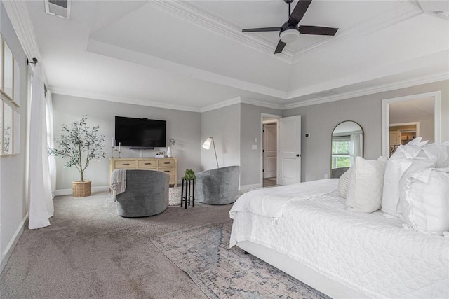 1865 Henley Way, Alpharetta, GA 30009 - carpeted bedroom with a tray ceiling, crown molding, baseboards, and ceiling fan