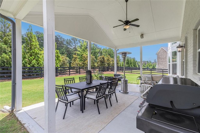 1865 Henley Way, Alpharetta, GA 30009 - view of patio featuring outdoor dining space, a ceiling fan, view of wooded area, and grilling area