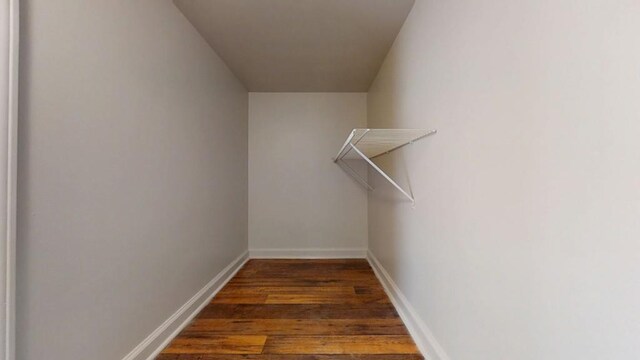 walk in closet with dark wood-type flooring