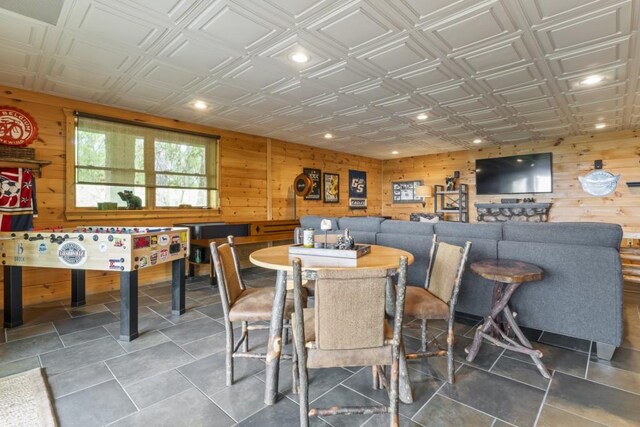 852 Black Bear Den Rd, Clayton, GA 30525 - living area with an ornate ceiling, wood walls, and stairs