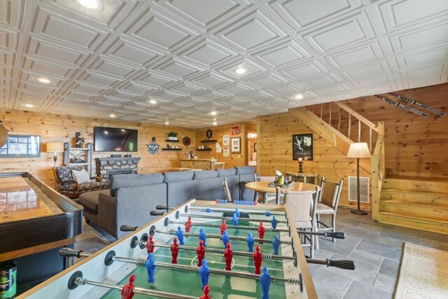 852 Black Bear Den Rd, Clayton, GA 30525 - living area featuring an ornate ceiling and wood walls