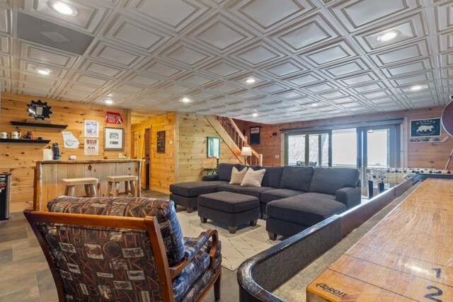 852 Black Bear Den Rd, Clayton, GA 30525 - bar with recessed lighting, an ornate ceiling, and wooden walls
