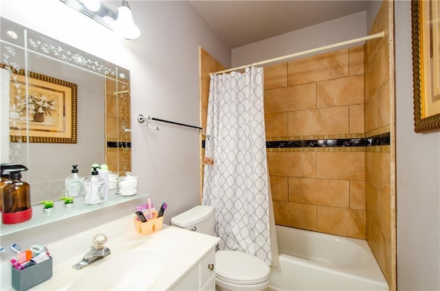 full bathroom with vanity, toilet, and shower / bathtub combination with curtain