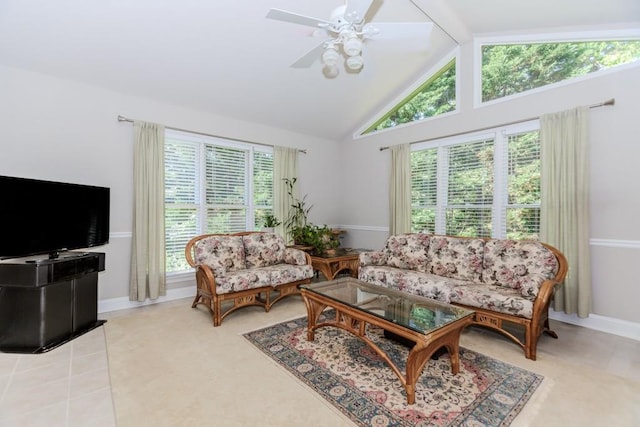 529 Arnold Rd, Lawrenceville, GA 30044 - living area featuring ceiling fan, high vaulted ceiling, and baseboards