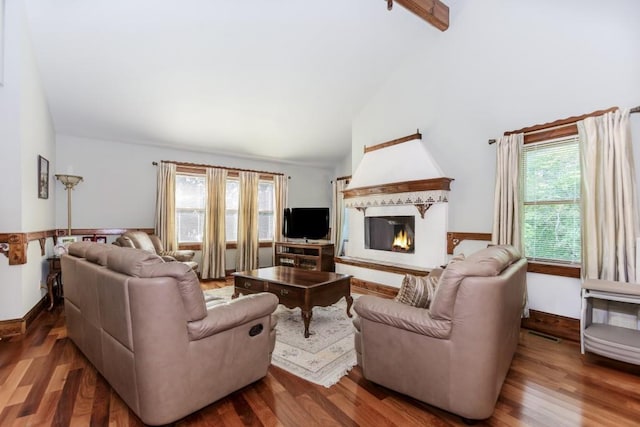 529 Arnold Rd, Lawrenceville, GA 30044 - living room with plenty of natural light, a lit fireplace, wood finished floors, and vaulted ceiling