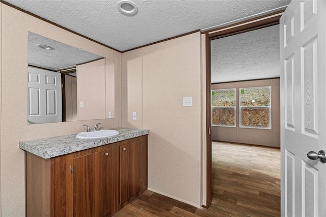 211 Fire Tower Rd NE, Calhoun, GA 30701 - bathroom with a textured ceiling, wood finished floors, and vanity