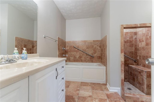 1615 Enchanted Forest Dr, Conley, GA 30288 - bathroom with a textured ceiling, tiled shower, a garden tub, and vanity