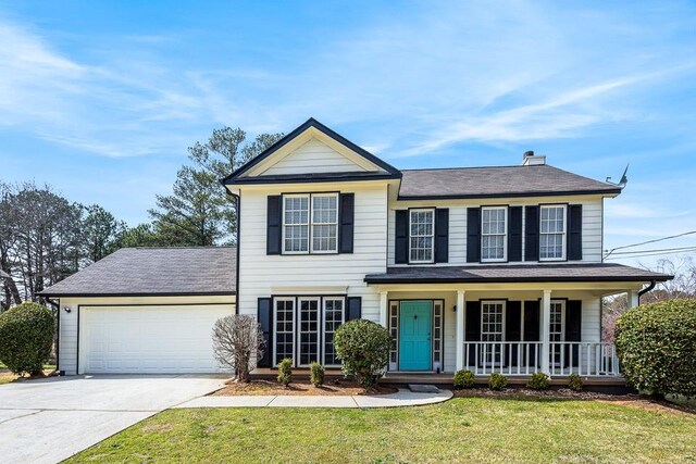 view of front of house with a garage, a front lawn, and covered porch