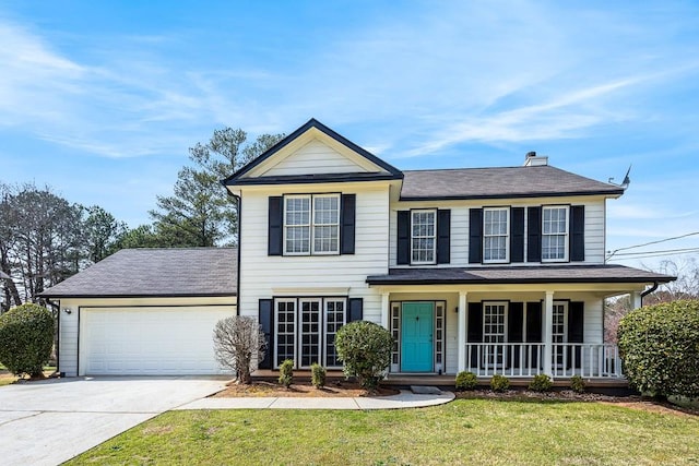 view of front of property featuring driveway, a shingled roof, covered porch, a front yard, and an attached garage