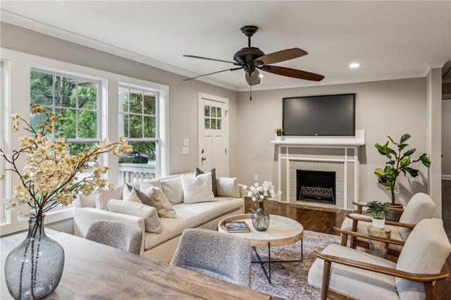 1735 Jobeth Ave SE, Atlanta, GA 30316 - living area featuring ceiling fan, recessed lighting, ornamental molding, a brick fireplace, and wood finished floors