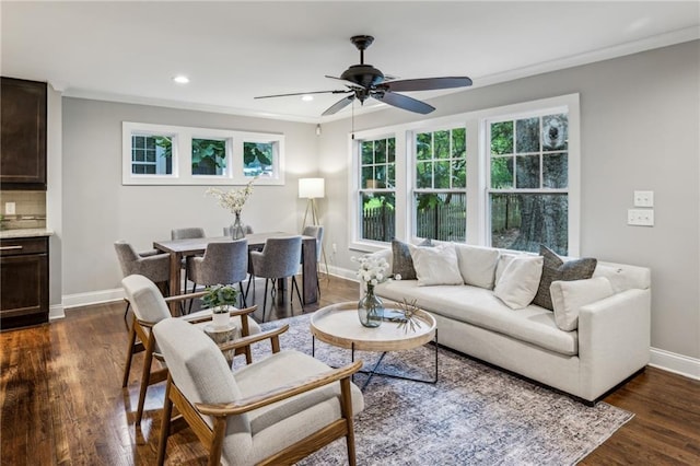 1735 Jobeth Ave SE, Atlanta, GA 30316 - living room featuring ornamental molding, recessed lighting, a ceiling fan, and dark wood finished floors