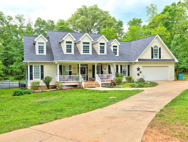 cape cod house featuring a porch, driveway, a garage, a front lawn, and a shingled roof