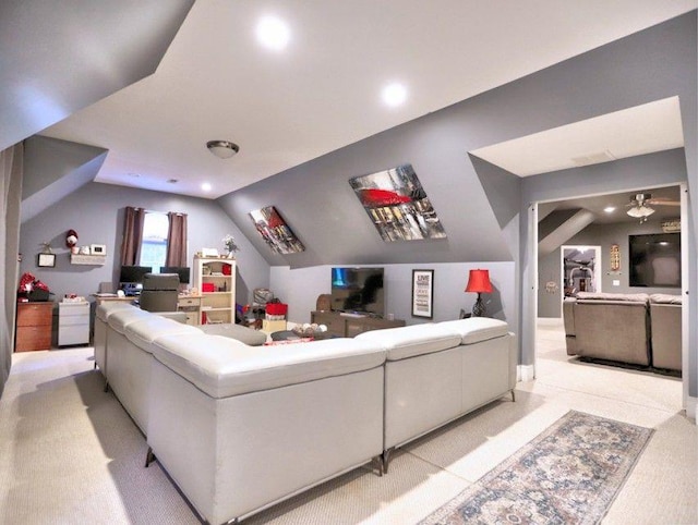 living area with recessed lighting and lofted ceiling