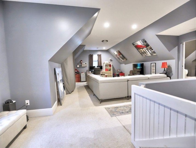 bedroom with baseboards, light carpet, vaulted ceiling, and recessed lighting