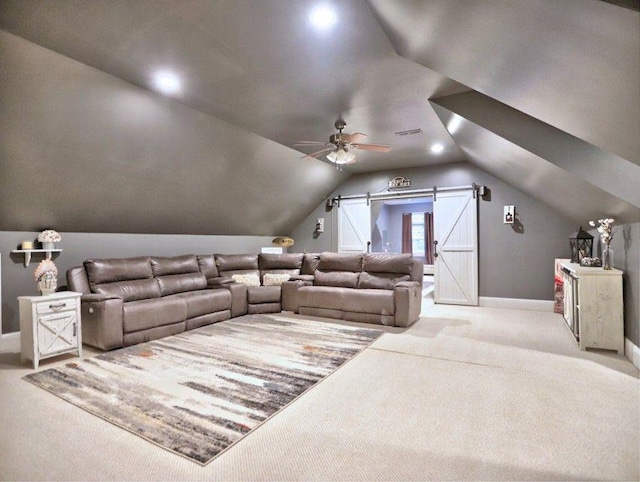 carpeted living room with visible vents, a ceiling fan, baseboards, recessed lighting, and vaulted ceiling