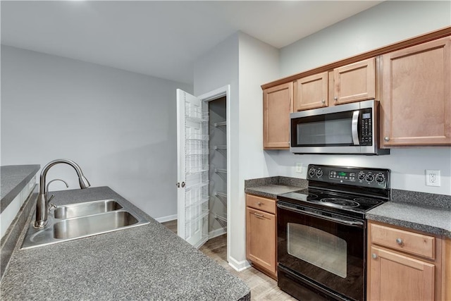 kitchen with dark countertops, black electric range, stainless steel microwave, and a sink