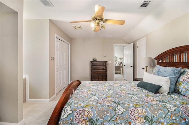 bedroom featuring ceiling fan, carpet floors, and visible vents