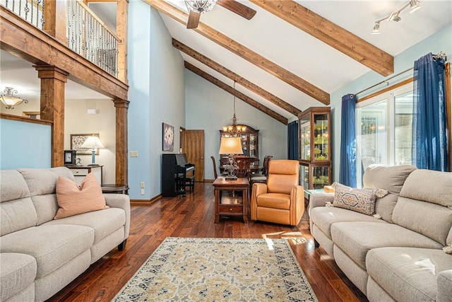 living room with dark wood-style floors, ornate columns, high vaulted ceiling, beamed ceiling, and baseboards