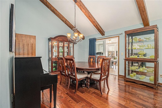 dining area with high vaulted ceiling, wood finished floors, beam ceiling, and an inviting chandelier