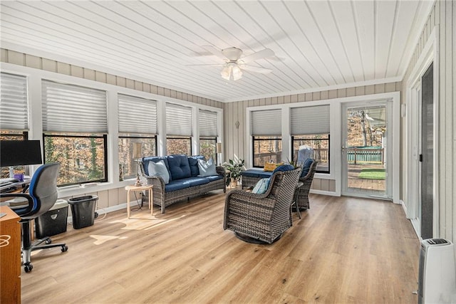 sunroom / solarium featuring a ceiling fan and wooden ceiling