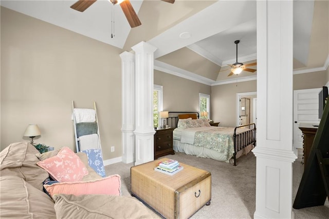 carpeted bedroom featuring a tray ceiling, decorative columns, baseboards, a ceiling fan, and crown molding