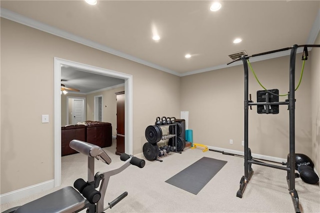 exercise area with recessed lighting, carpet, baseboards, and ornamental molding
