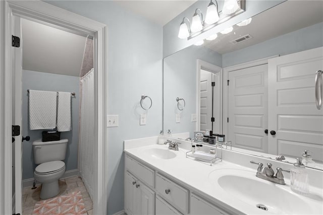 full bath with toilet, a sink, visible vents, and double vanity