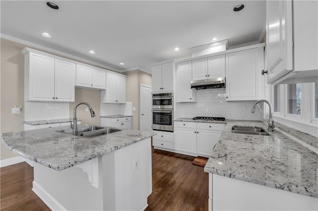 kitchen with sink, white cabinets, light stone countertops, and a center island with sink