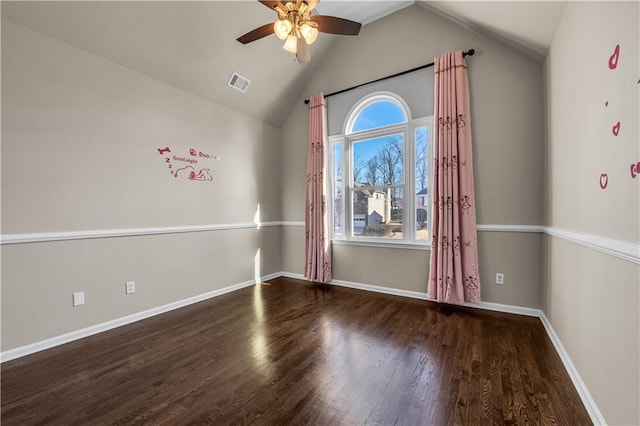 unfurnished room featuring ceiling fan, dark wood-type flooring, and vaulted ceiling