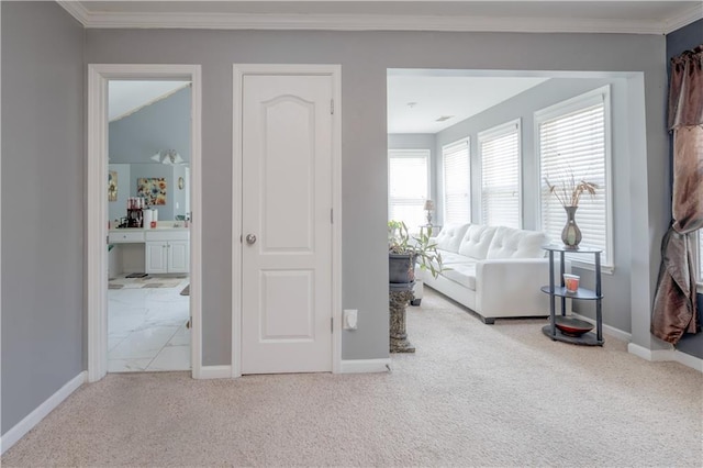 carpeted living area with crown molding and baseboards