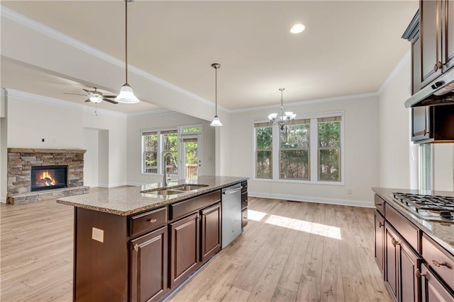 kitchen with a stone fireplace, a healthy amount of sunlight, stainless steel appliances, and a sink