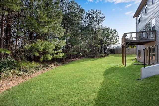 view of yard with fence and a wooden deck