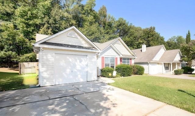 ranch-style home with a front yard and a garage