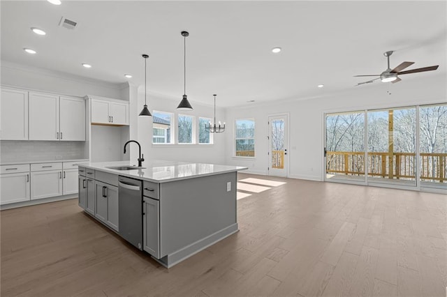 kitchen featuring sink, white cabinetry, dishwasher, an island with sink, and pendant lighting