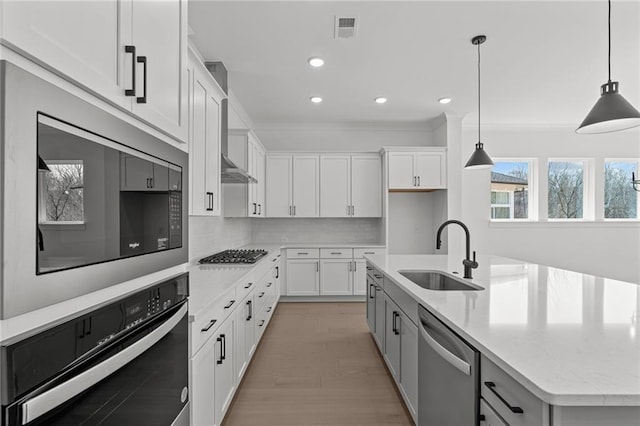 kitchen featuring sink, a center island with sink, white cabinets, and appliances with stainless steel finishes