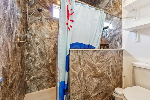 bathroom featuring toilet and a shower stall