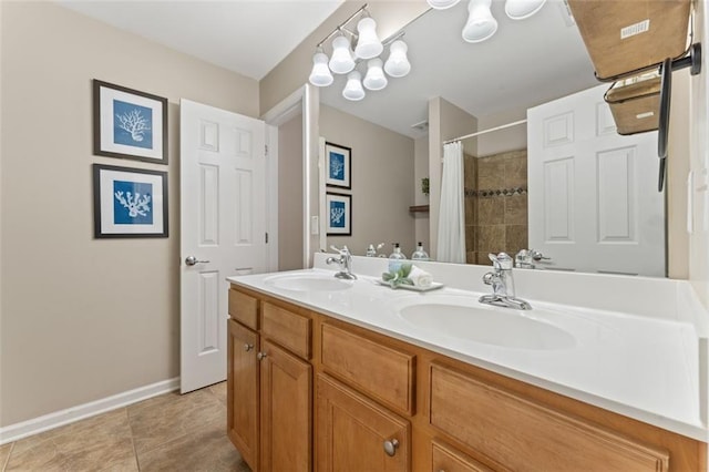 full bath featuring tile patterned flooring, double vanity, a shower with curtain, and a sink