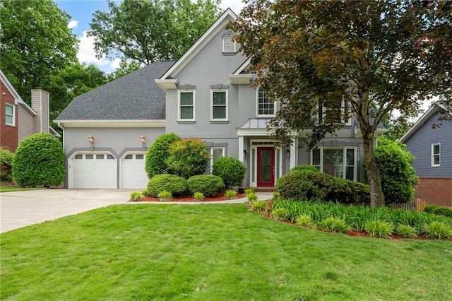 4957 Day Lily Way NW, Acworth, GA 30102 - view of front of house featuring stucco siding, concrete driveway, an attached garage, a front yard, and roof with shingles