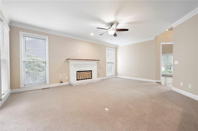 4957 Day Lily Way NW, Acworth, GA 30102 - unfurnished living room featuring ceiling fan, light carpet, baseboards, crown molding, and a brick fireplace