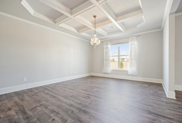 empty room with dark wood-style floors, a chandelier, coffered ceiling, and baseboards