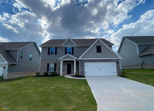 craftsman-style house with a front yard, concrete driveway, brick siding, and an attached garage