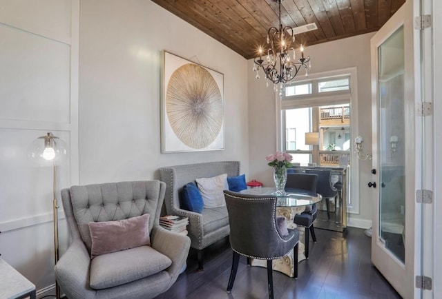 interior space featuring wood ceiling, dark hardwood / wood-style floors, and a notable chandelier