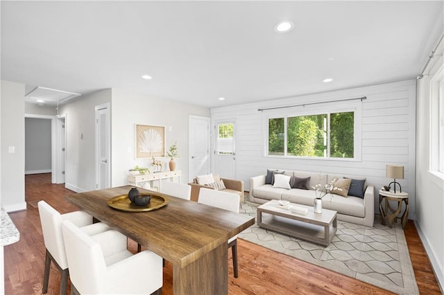 2677 Tilson Rd, Decatur, GA 30032 - dining space featuring attic access, wood finished floors, recessed lighting, and baseboards