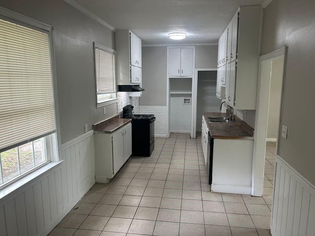 kitchen with black range with electric stovetop, wainscoting, a sink, light tile patterned flooring, and healthy amount of natural light
