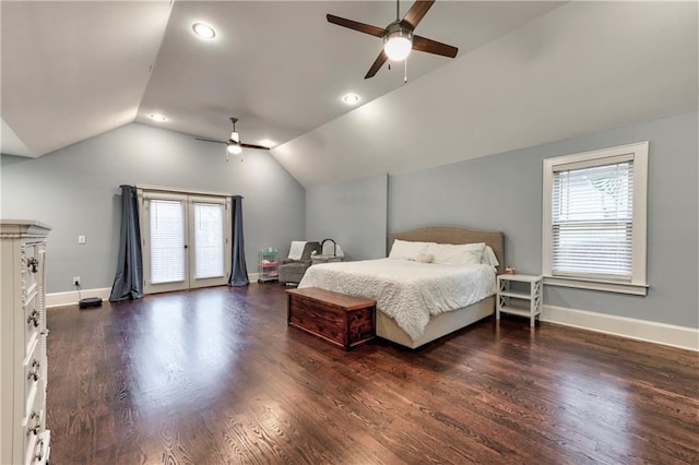 bedroom featuring lofted ceiling, dark hardwood / wood-style floors, and ceiling fan