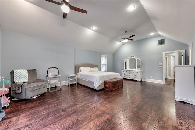 bedroom featuring lofted ceiling, dark hardwood / wood-style flooring, and ceiling fan